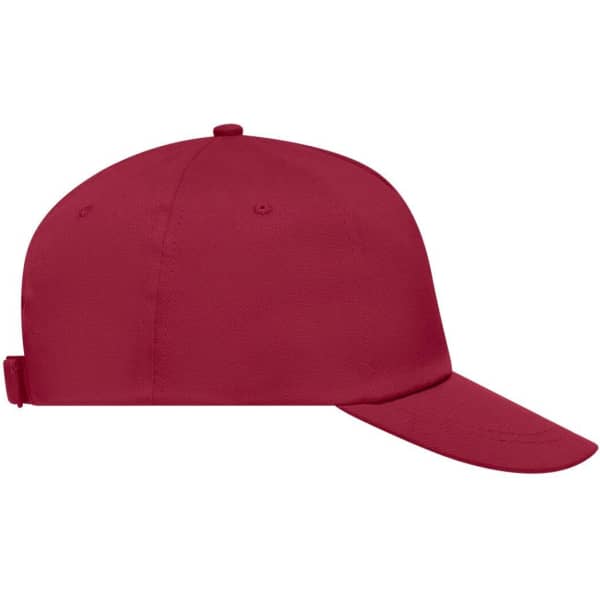 A red 5-panel promotional cap with an adjustable strap and a logo on the front.