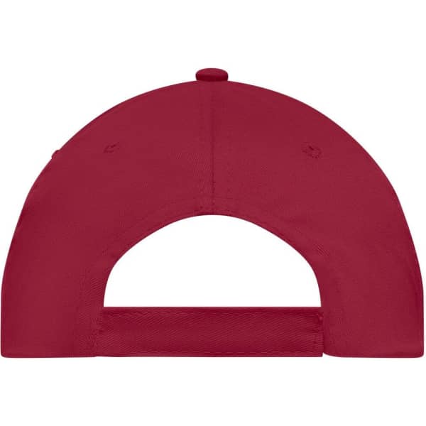 A red 5 panel cap featuring a rear adjustable strap and a logo design on the back.