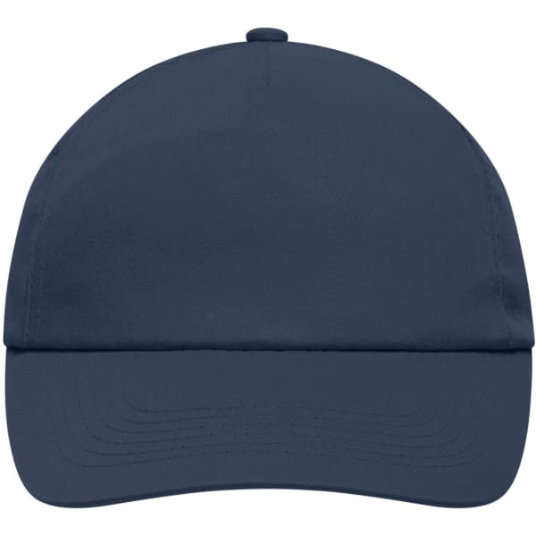 A navy blue 5 Panel Promo Cap featuring a rounded crown and a curved peak, with a logo on the front.