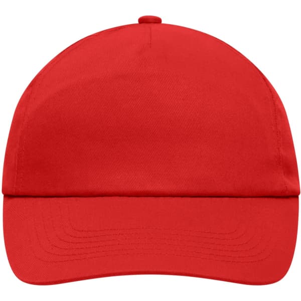 A red 5 panel cap featuring a curved peak and a blank front, suitable for branding or customisation.