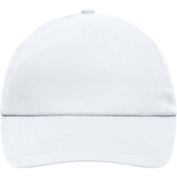 A white 5 panel promo cap featuring a curved brim and a logo on the front.