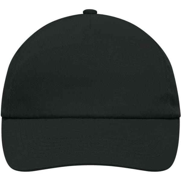 A black 5 Panel Promo Cap with a curved brim and a plain design featuring a logo.