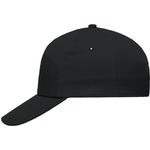 A black 5 panel cap with a curved brim and a small ventilation hole on top. It features a logo.