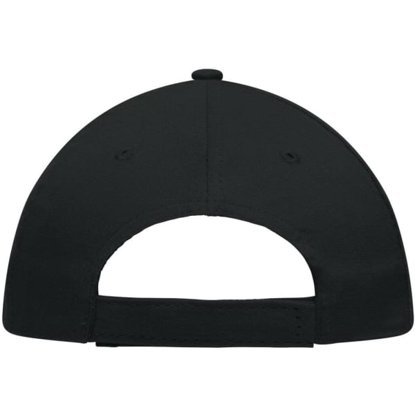 A black 5 panel promo cap featuring a rear adjustable strap and ventilation holes. It includes a logo.