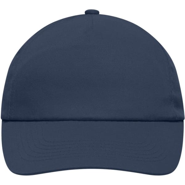 A navy blue 5 panel promo cap featuring a curved brim and an empty front area for branding or logos.