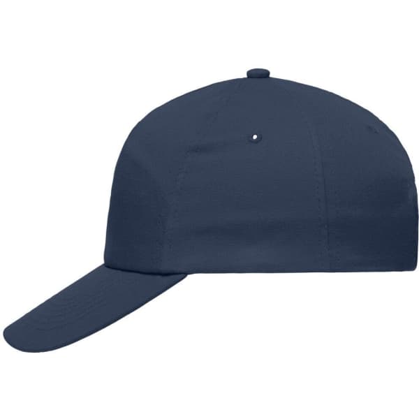 A navy blue 5 panel cap with a curved brim and a logo on the front.