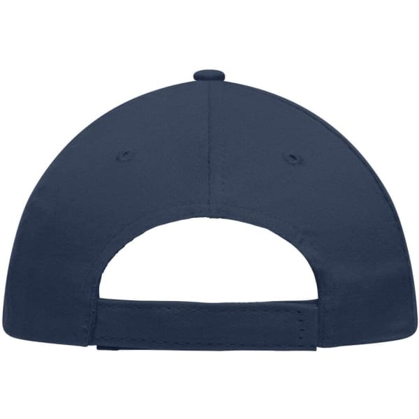 A navy blue 5 Panel Promo Cap featuring a rear opening and an adjustable strap, with a logo on the side.