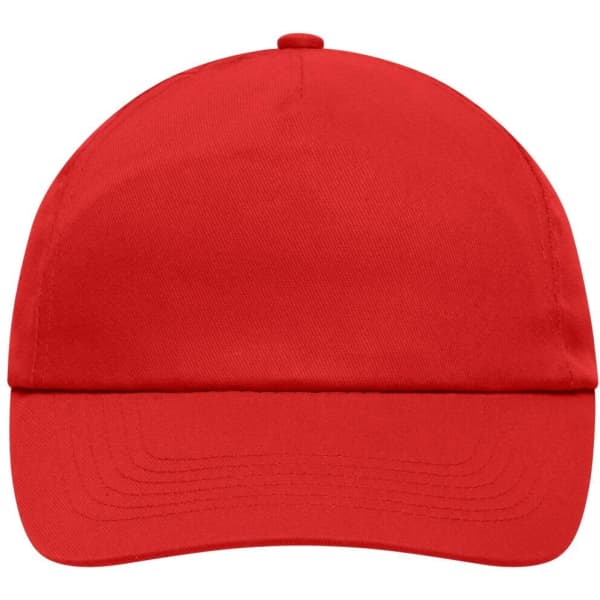 A red 5 panel cap featuring a structured design and a logo on the front.