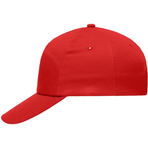 A red 5-panel cap featuring a curved brim and a logo on the front. Ideal for promotional use.