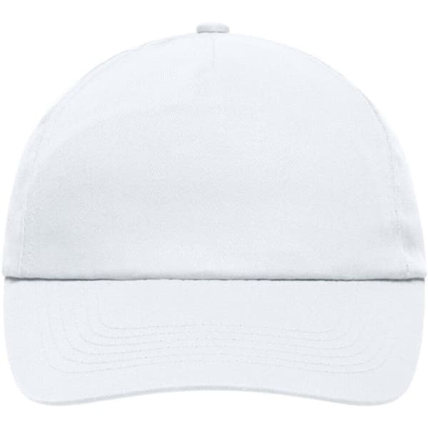 A white 5 panel promo cap featuring a curved brim and a logo on the front.