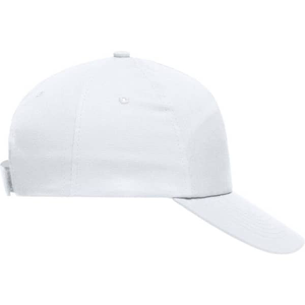 A white 5-panel cap with a curved brim and an adjustable strap, featuring a logo.