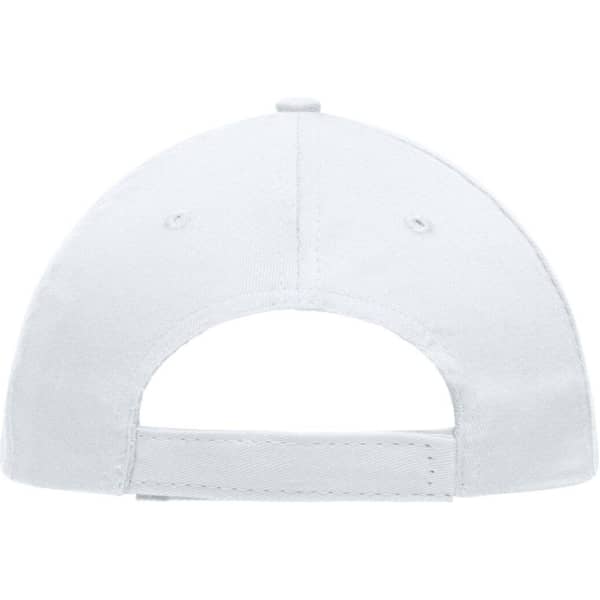 A white 5 Panel Promo Cap with an adjustable strap at the back and a logo on the side.
