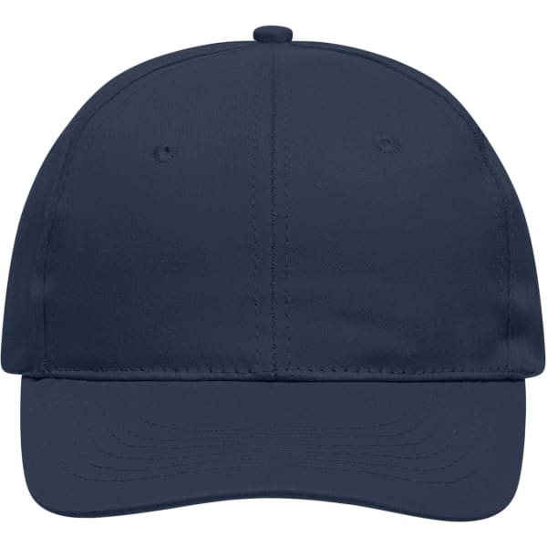 A navy 6-panel cap with a rounded peak and an adjustable strap at the back, featuring a logo.