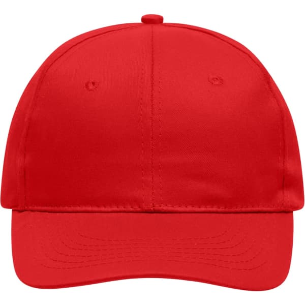 A red six-panel baseball cap with a seamless front and a logo on the side. Suitable for promotional use.