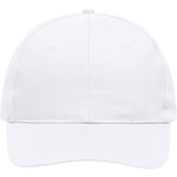 A white six-panel cap with a curved brim and stitching details, featuring a logo on the front.