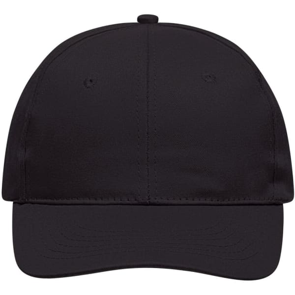 A black 6-panel cap with a structured design and a front panel for branding.