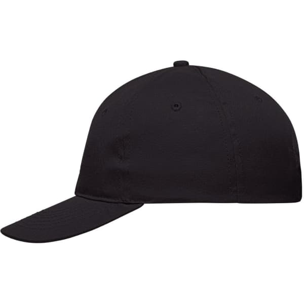 A black six-panel cap with a curved brim and a logo on the front.