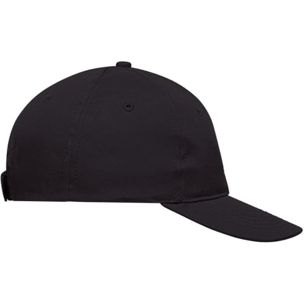 A black six-panel cap with a curved brim and an adjustable strap at the back. It features a logo.