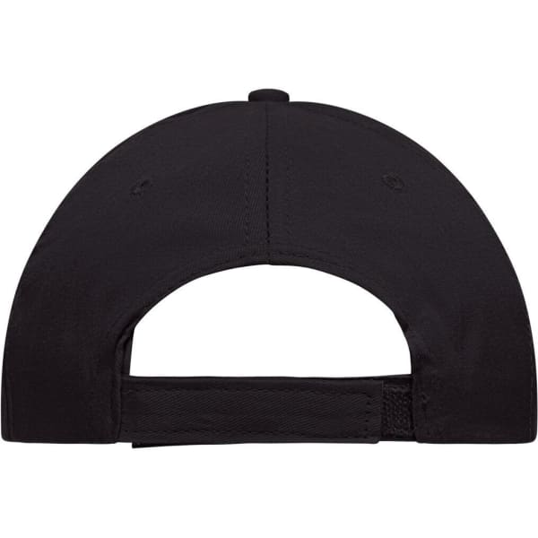 A black 6-panel cap with an adjustable strap and a logo on the back.