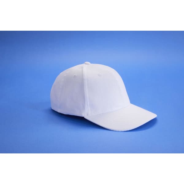 A white six-panel promotional cap with a curved brim and an adjustable strap at the back, featuring a logo.