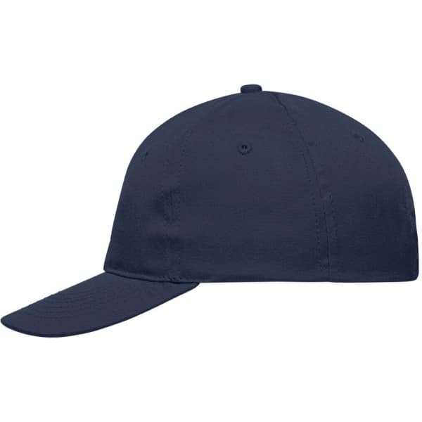 A navy blue 6 panel promo cap with a curved visor and a logo on the front.