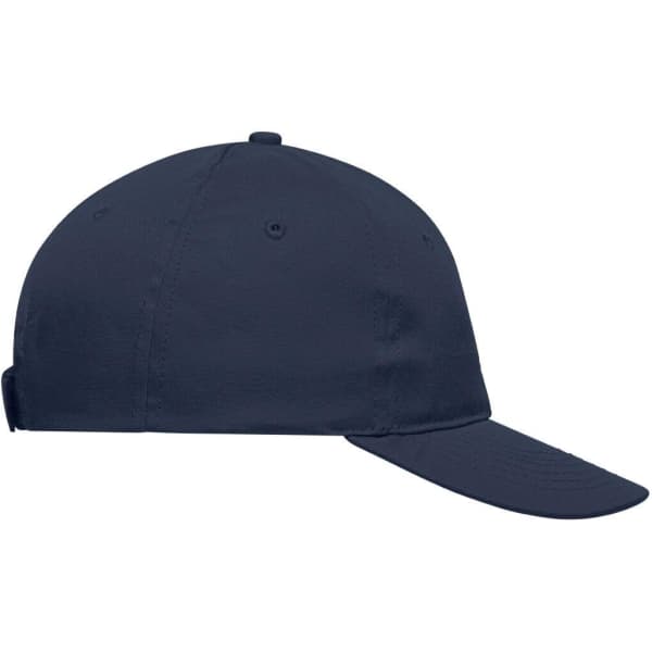 A navy blue 6-panel cap with a curved brim and a small logo on the side.