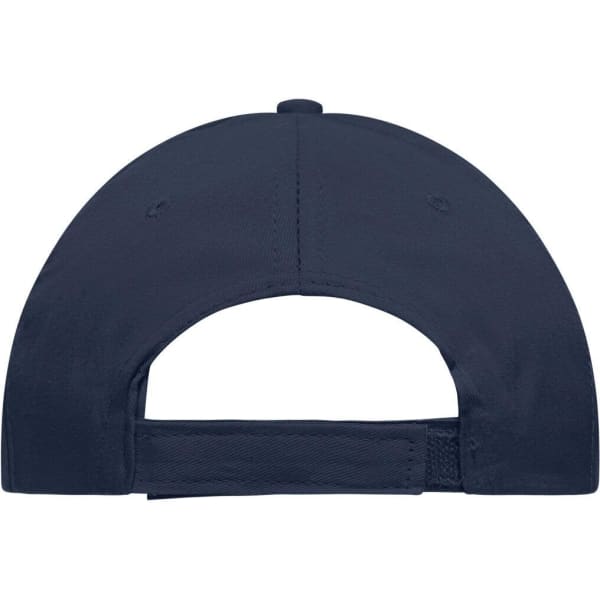 A navy 6-panel promotional cap featuring a rear adjustment strap and a logo.