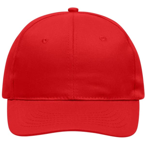 A red 6-panel cap with a structured design and a front panel, featuring a logo.