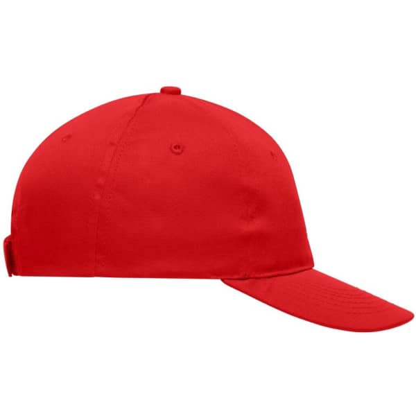 A red six-panel cap with a curved visor and a back adjustment strap, featuring a logo.