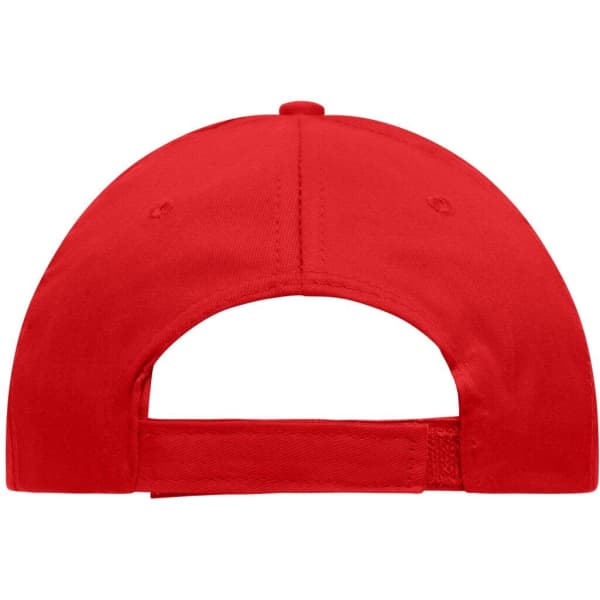 A red six-panel cap with a curved brim and an adjustable strap at the back. It features a logo.