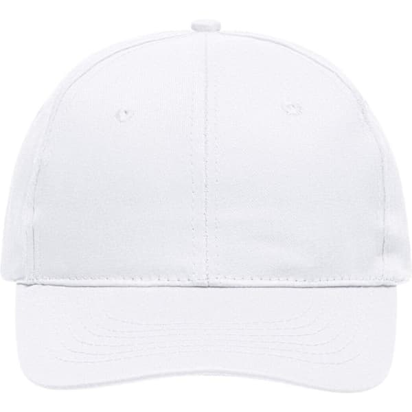 A white 6 panel promo cap with a curved brim and an adjustable strap at the back. It features a logo on the front.