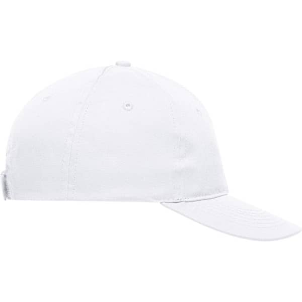 A white six-panel cap with a curved brim and a logo on the side.