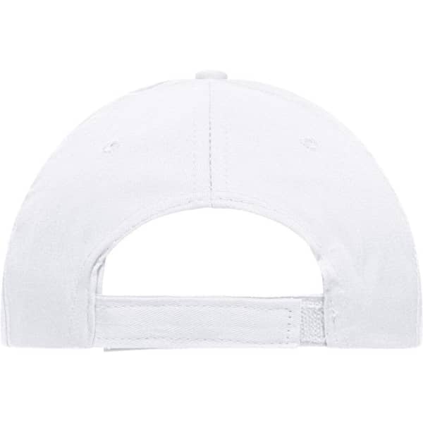A white six-panel cap featuring an adjustable strap at the back and a logo.