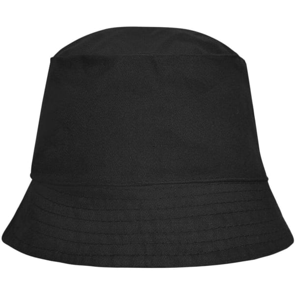 A black bucket hat featuring a wide brim and a simple design. It has a logo on the side.