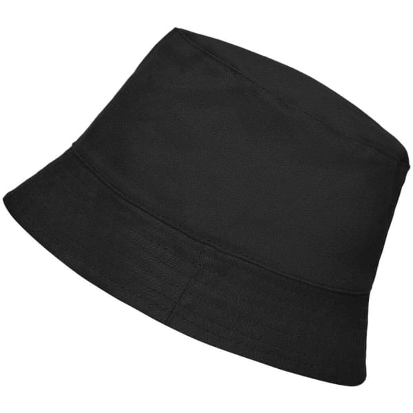 A black bucket hat with a wide brim and a simple design, featuring a logo on the side.