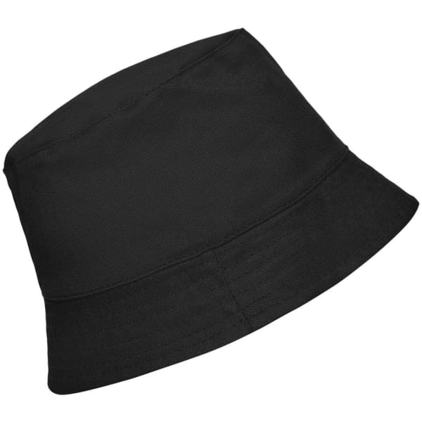 A black bucket hat with a wide brim and a simple design, featuring a logo on the side.