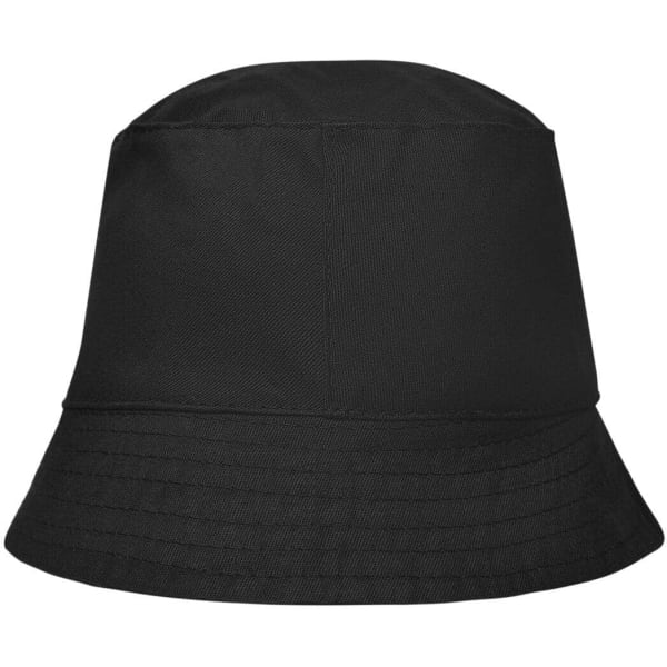 A black bucket hat with a wide brim and structured top, featuring a logo on the side.