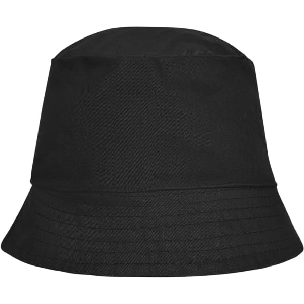 A black bucket hat featuring a wide brim and a simplistic design. The hat has a branding logo.