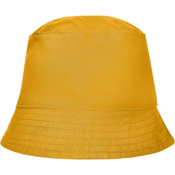 A yellow bucket hat with a wide brim and a smooth fabric finish. It features a logo.