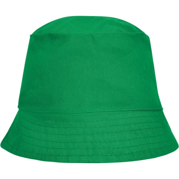 A green bucket hat featuring a wide brim and a simple design. It has a logo on the exterior.