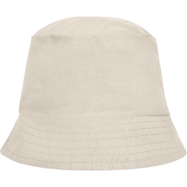 A beige bucket hat with a wide brim and a smooth texture. It features a logo on the side.
