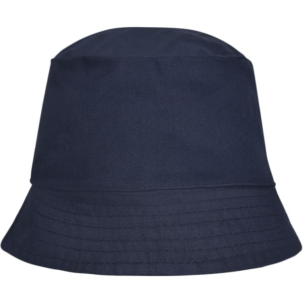A navy blue bucket hat with a wide brim and a textured surface, featuring a logo.