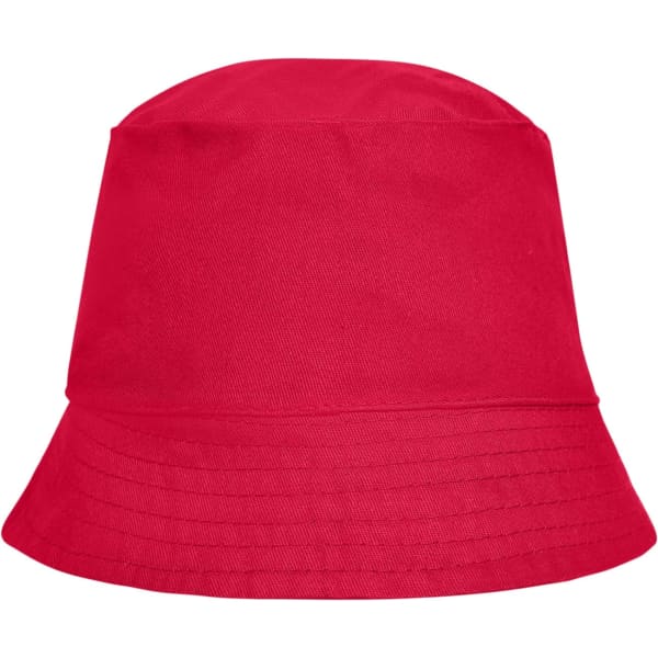 A red bucket hat featuring a wide brim and a simple design, with a logo on the side.