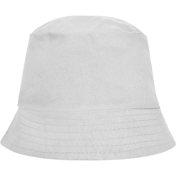 A white bucket hat with a wide brim. The hat has a logo on it.
