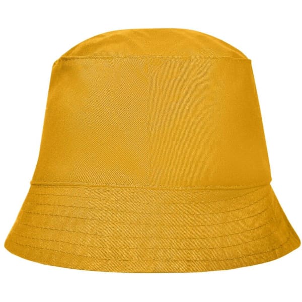 A yellow bucket hat with a smooth texture and a subtle branding logo.
