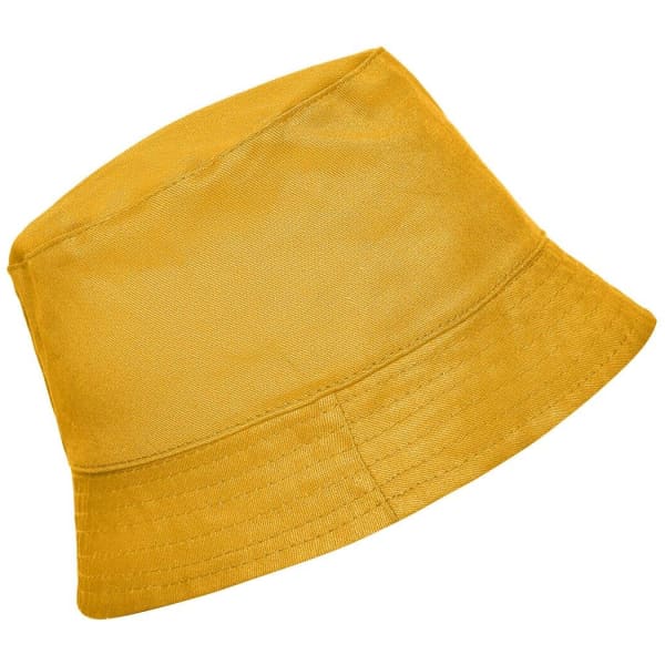 A yellow bucket hat with a wide brim and a logo on the front.