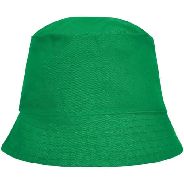A green bucket hat with a wide brim, featuring a simple design and a logo on the side.
