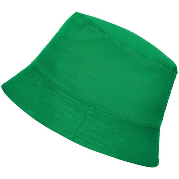 A green bucket hat with a wide brim. The hat has a simple design and features a logo.