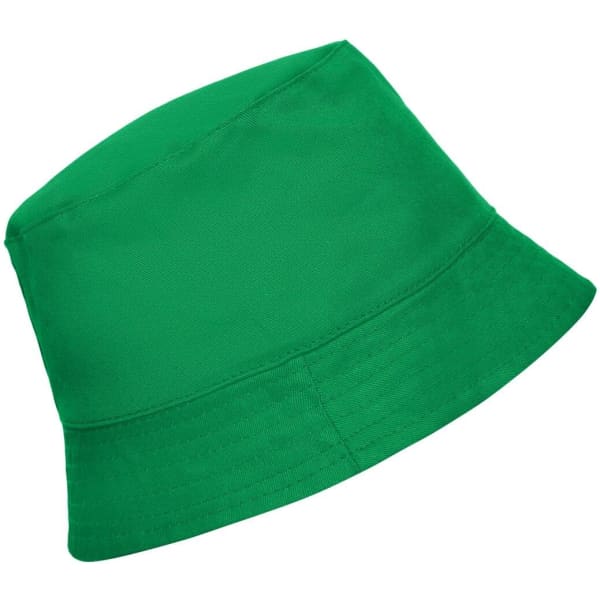 A green bucket hat with a wide brim, featuring a logo on the side.