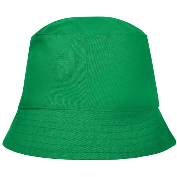 A green bucket hat with a wide brim and a simple design. There is a logo on the hat.